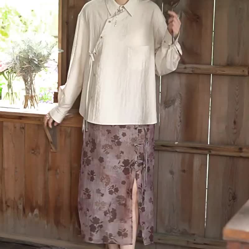 悠悠風月 新中式亞麻斜門襟襯衫 寬松系帶翻領文藝襯衣 - 女装衬衫 - 棉 卡其色