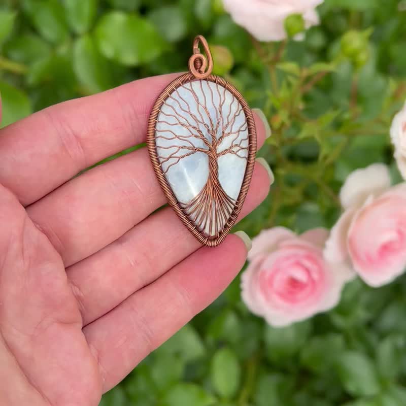 Copper Tree Of Life Pendant Wire Braided Stone Necklace Gemstone Jewelry - 项链 - 半宝石 蓝色
