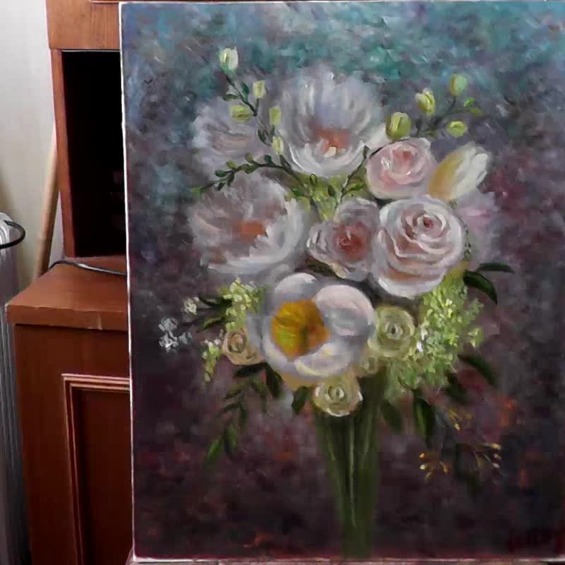 白牡丹与玫瑰画原创花卉艺术花束艺术品插花艺术 - 海报/装饰画/版画 - 其他材质 白色