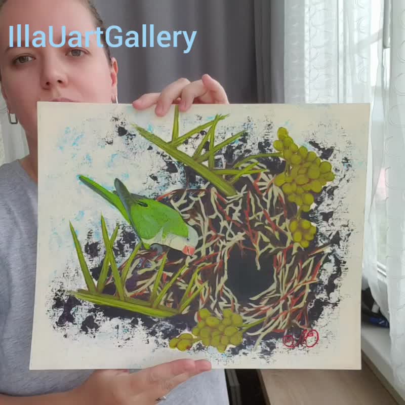 Parrot Painting Bird Nest Original Art Bird Wall Art Animal Acrylic Painting - 海报/装饰画/版画 - 其他材质 多色