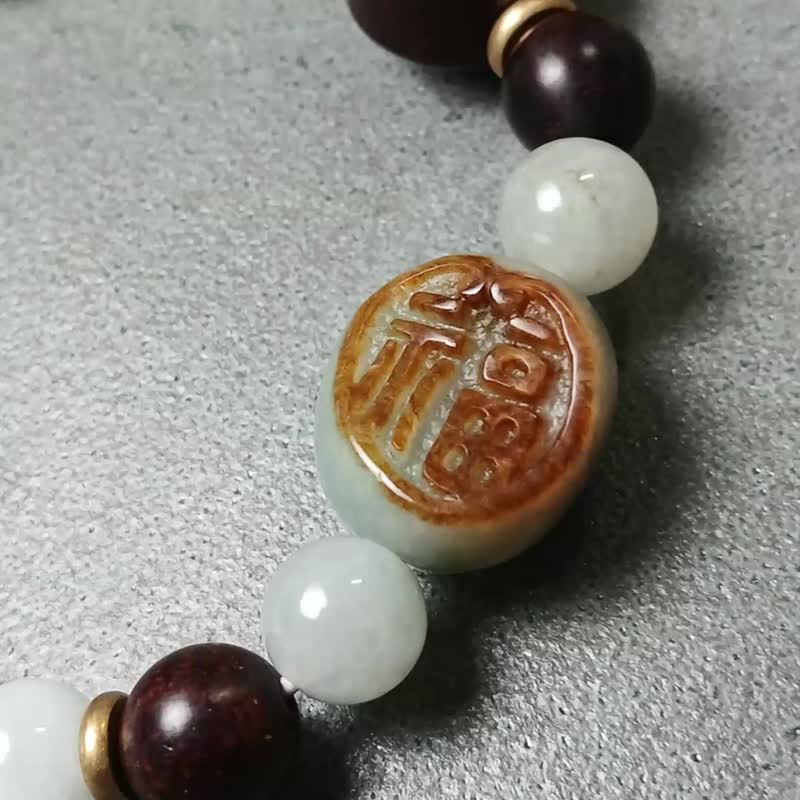 珠串雕刻手链-福来运转 红皮油青种缅甸玉+黑曜+紫檀 - 手链/手环 - 玉石 白色