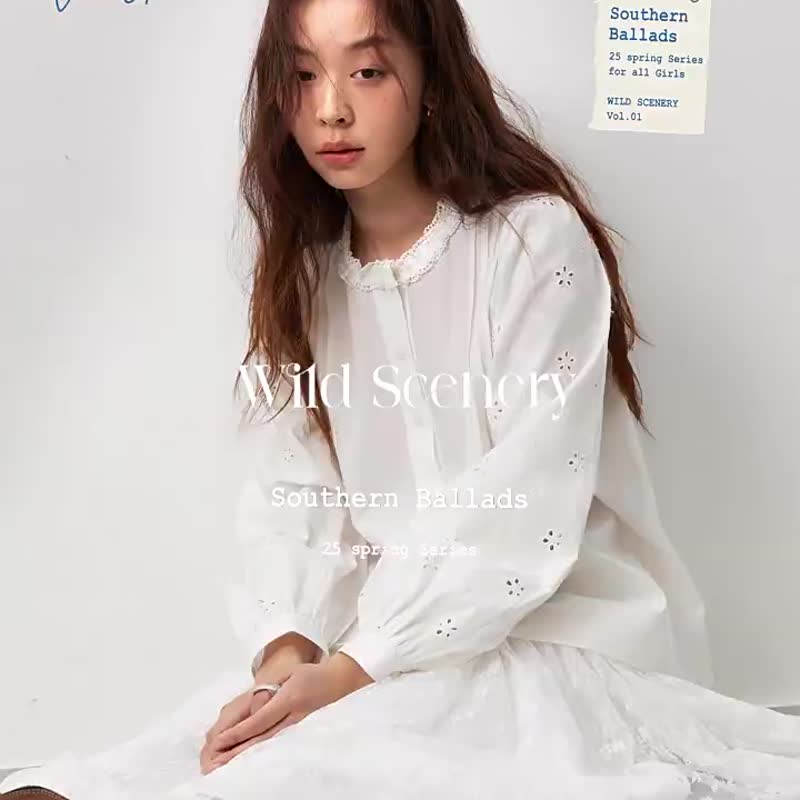 梔子白色 旖旎夢境 法式文藝襯衫 繡花拼接襯衣 氣質通勤上衣 - 女装衬衫 - 棉 白色