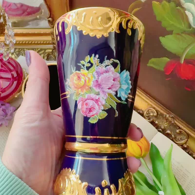 1930年希腊手工手绘杯酒杯 水杯 果汁杯 花瓶 马年 新年布置 - 酒杯/酒器 - 陶 蓝色