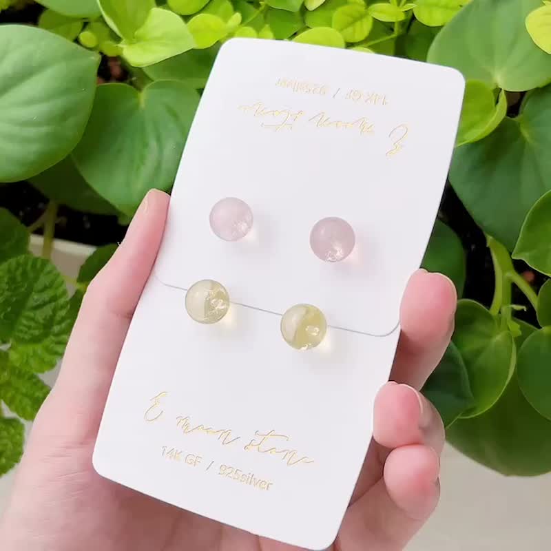 泡泡球天然粉水晶 黄水晶耳针 - 耳环/耳夹 - 水晶 粉红色