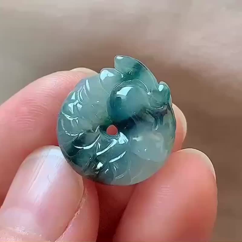 冰种翡翠天然翡翠A玉吊坠颈链 • 翡翠龙环龙扣 - 项链 - 玉石 蓝色