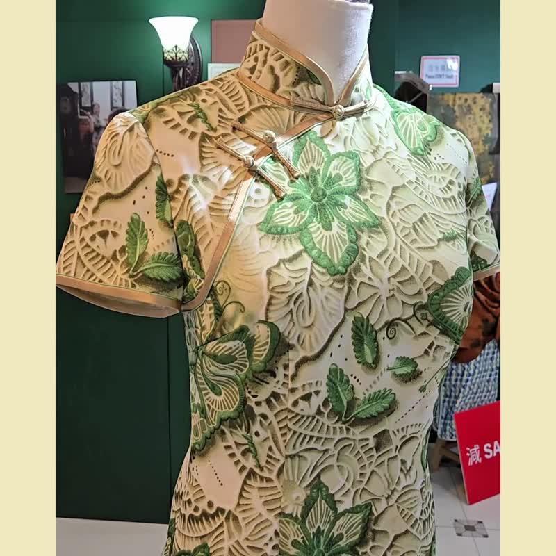 【VINTAGE 悦裳】新式改良复古旗袍    碧叶华裳短款连身裙 - 旗袍 - 棉．麻 绿色