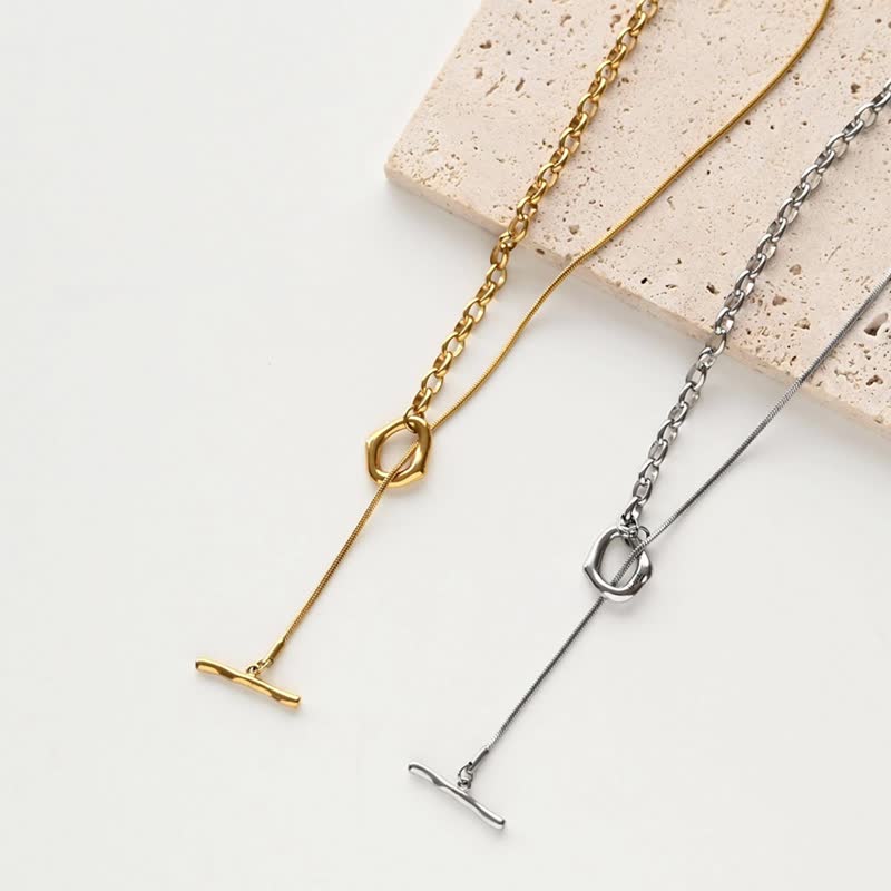 刻字 【 问号扣 链条 长项链 006 】 简约 链条 Y字 项链 镌刻 礼物 QU06U - 项链 - 不锈钢 银色