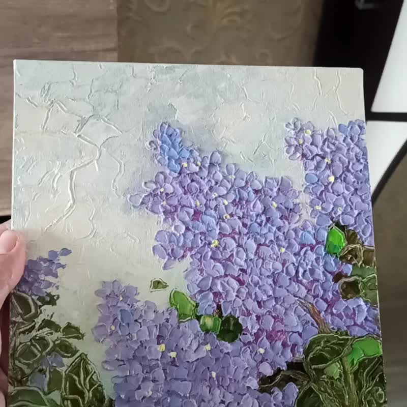 帆布板上的丁香油画 20x20cm Saugeana 花卉厚涂画作品 - 海报/装饰画/版画 - 其他材质 紫色