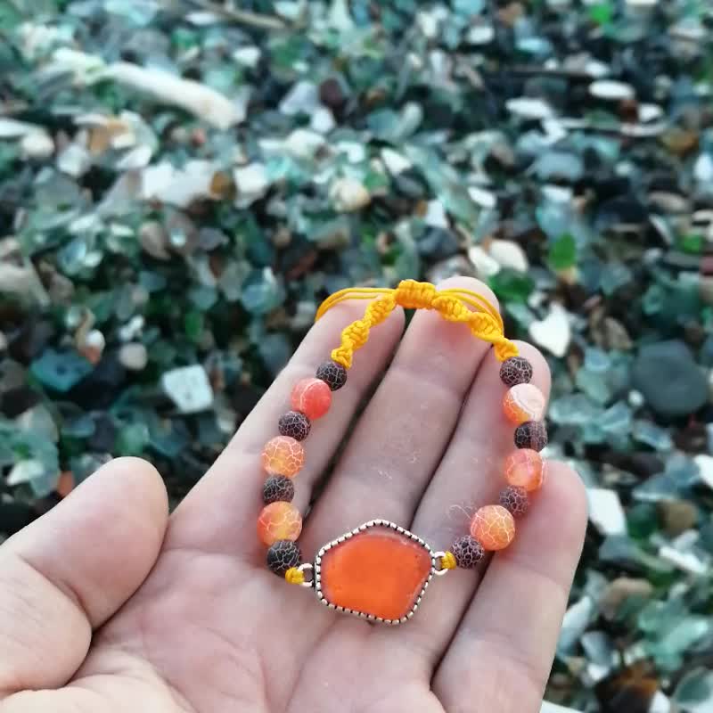 Orange sea glass bracelet.Autumn sea glass bracelet.Beach glass bracelet - 手链/手环 - 玻璃 橘色