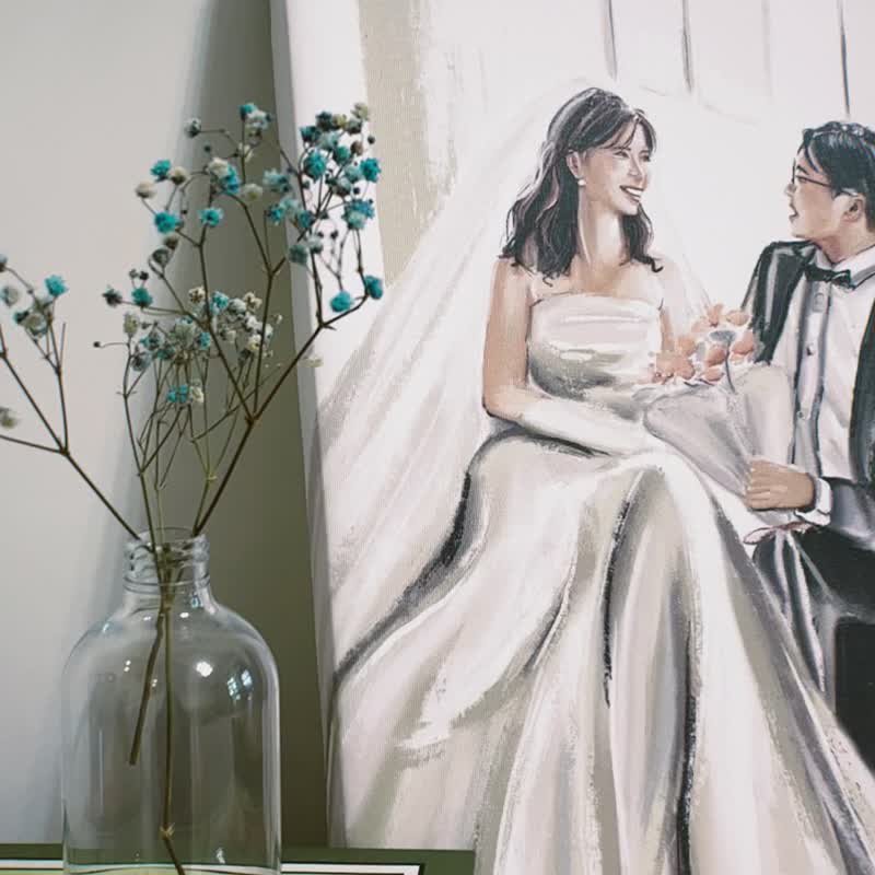 【定制婚礼礼物】手绘似颜绘无框画 情侣婚纱画 油画布挂画 - 订制画像 - 木头 咖啡色