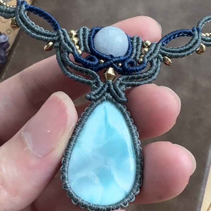 N879 蜡线编织拉利玛 (海纹石)  铜珠 颈链 (可调长度) 民族风 - 项链 - 宝石 灰色