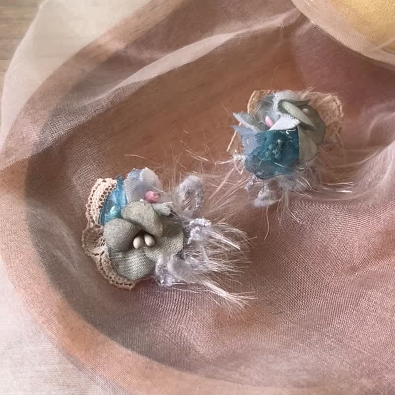 复古系布染绣球立体 耳环 紫蓝色 - 耳环/耳夹 - 丝．绢 