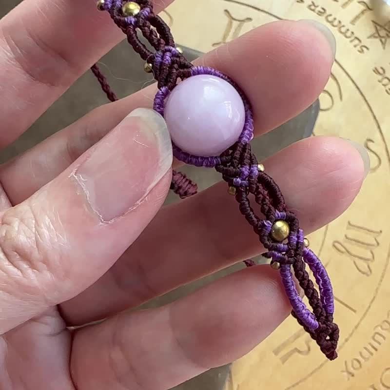 BB24 民族风 蜡线编织 紫锂辉石 Kunzite 铜珠 手环 (可调长度) - 手链/手环 - 宝石 紫色