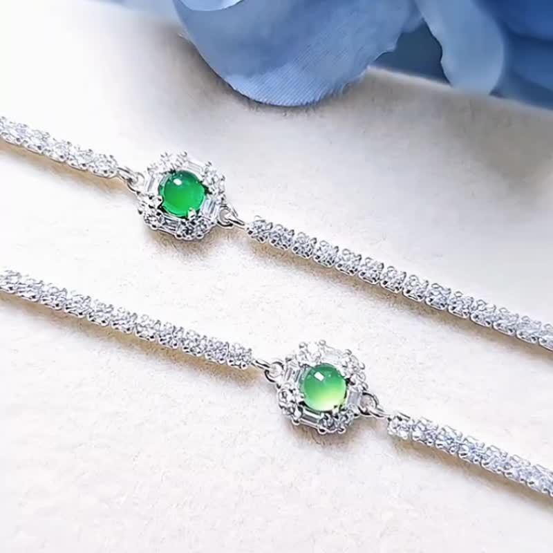 |招财方糖绿|A货翡翠冰玻阳绿蛋面4mm纯银镀18k方糖小奢华手链 - 手链/手环 - 玉石 