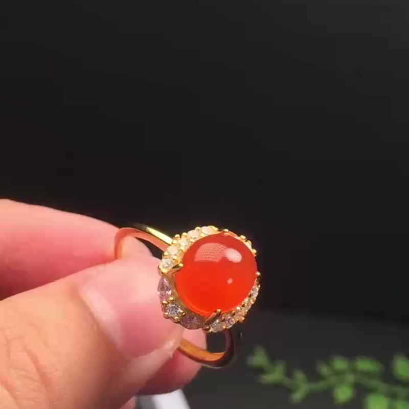 精品保山南红冰红戒指 镶嵌925银饰戒指托 颜色艳丽 - 戒指 - 水晶 