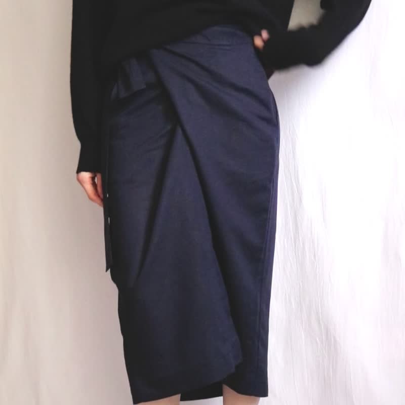 海军蓝亚麻裹式绑带开衩中长裙 80cm - 裙子 - 棉．麻 蓝色