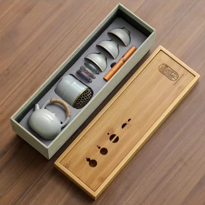 雨曦汝窑功夫茶具套装礼盒配香道(伴手礼附提袋) - 茶具/茶杯 - 陶 