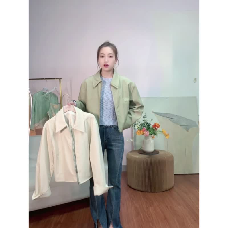 秋季新品 简约经典短款翻领有气场纯色皮衣 - 女装西装外套/风衣 - 聚酯纤维 