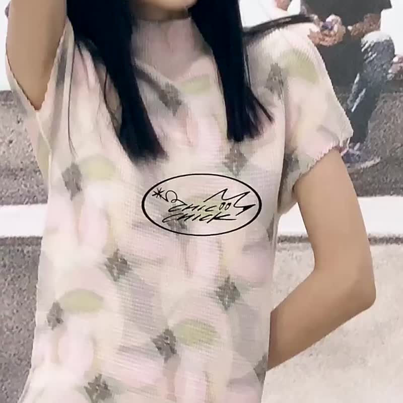 復古萬花筒印花 三宅風手工壓褶短袖上衣 僅上衣 - 女装上衣 - 其他人造纤维 粉红色
