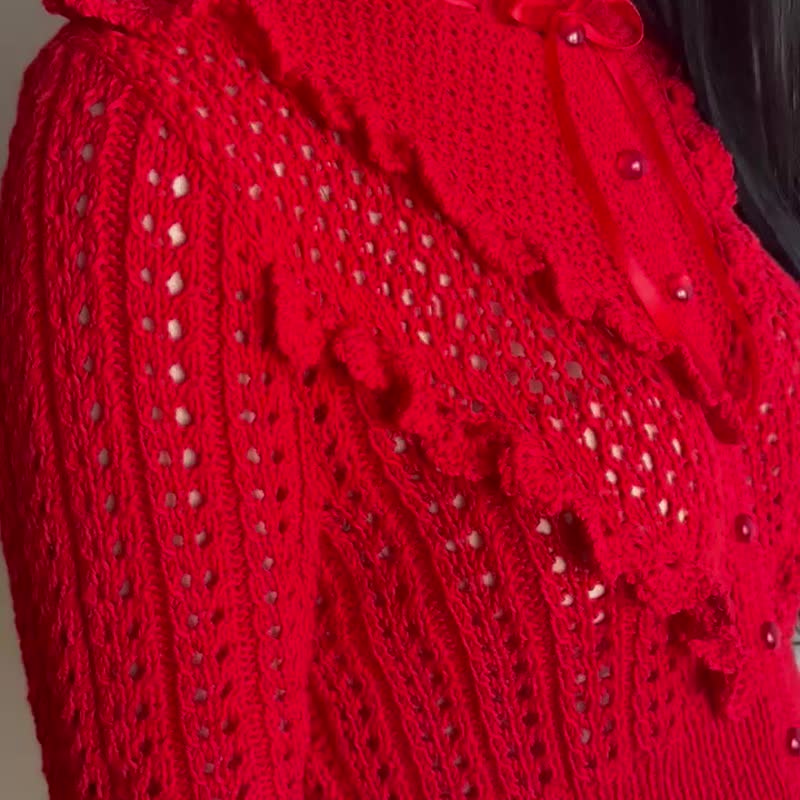 荷叶边手工针织开襟衫 纯棉蕾丝针织上衣 手工毛衣外套 女款 - 女装针织衫/毛衣 - 棉．麻 