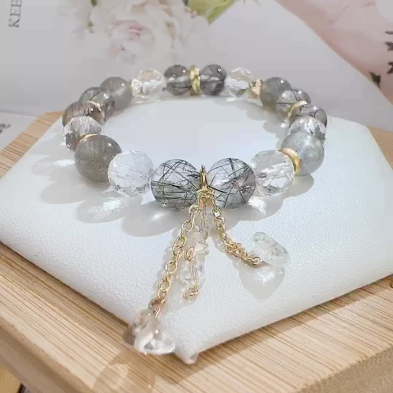 黑发晶 | 白水晶 | 月光石 | 去除负能量 | 抚平心境 - 手链/手环 - 水晶 