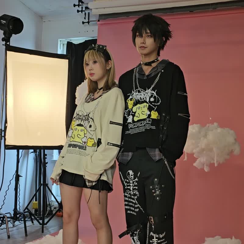 原创三丽鸥SANRIO授权布丁狗假两件格纹衬衫领庞克长袖T恤JJ5054 - 男装上衣/T 恤 - 棉．麻 