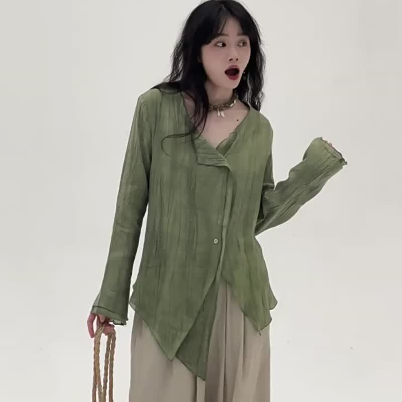 3顔色 美術生不規則清冷防曬開衫 文藝復古休閒百搭長袖上衣 - 女装上衣 - 棉．麻 绿色