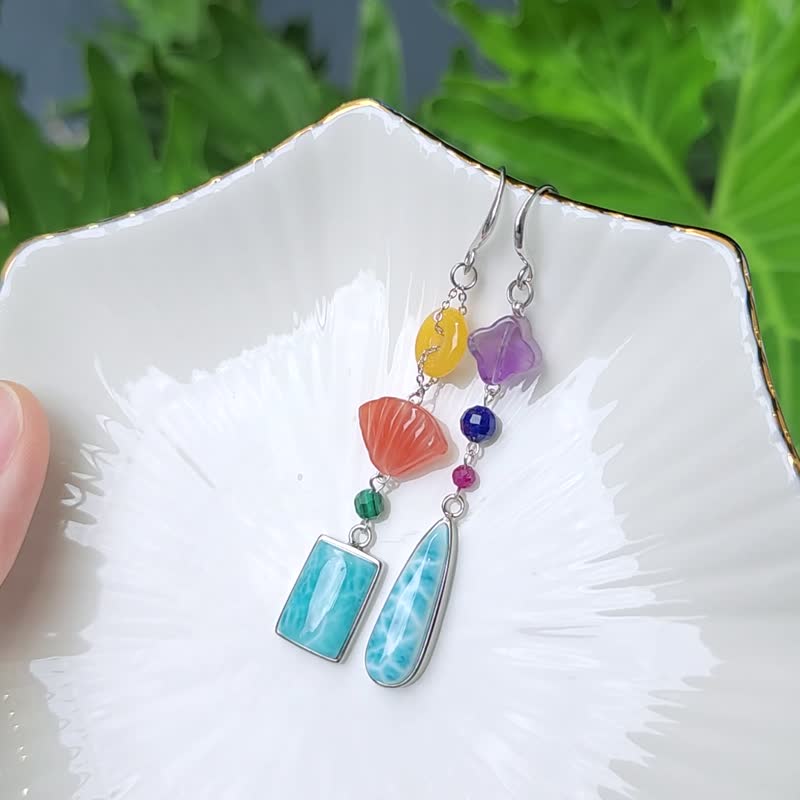 拉利玛 红宝 琥珀 玛瑙 孔雀 青金 多宝 彩虹 心想事成 耳环 单品 - 耳环/耳夹 - 宝石 多色