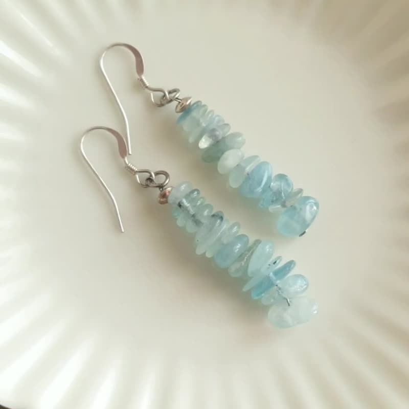 天然海蓝宝石耳环，925银，三月出生水晶，送给双鱼座的礼物 - 耳环/耳夹 - 宝石 蓝色