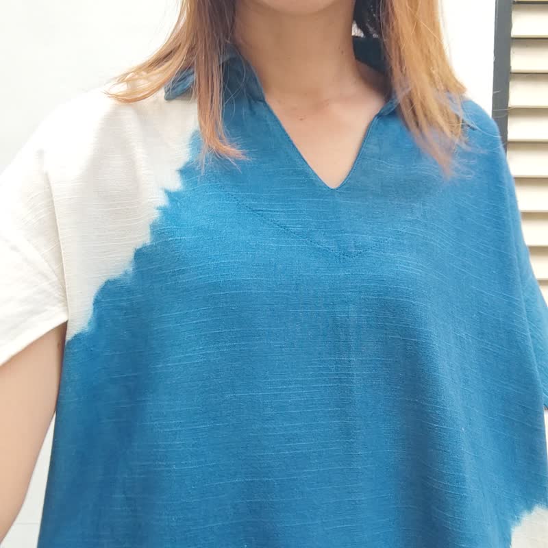 Mumu Dress - 扎染白色圆形图案衬衫领中长连身裙 - 洋装/连衣裙 - 棉．麻 蓝色