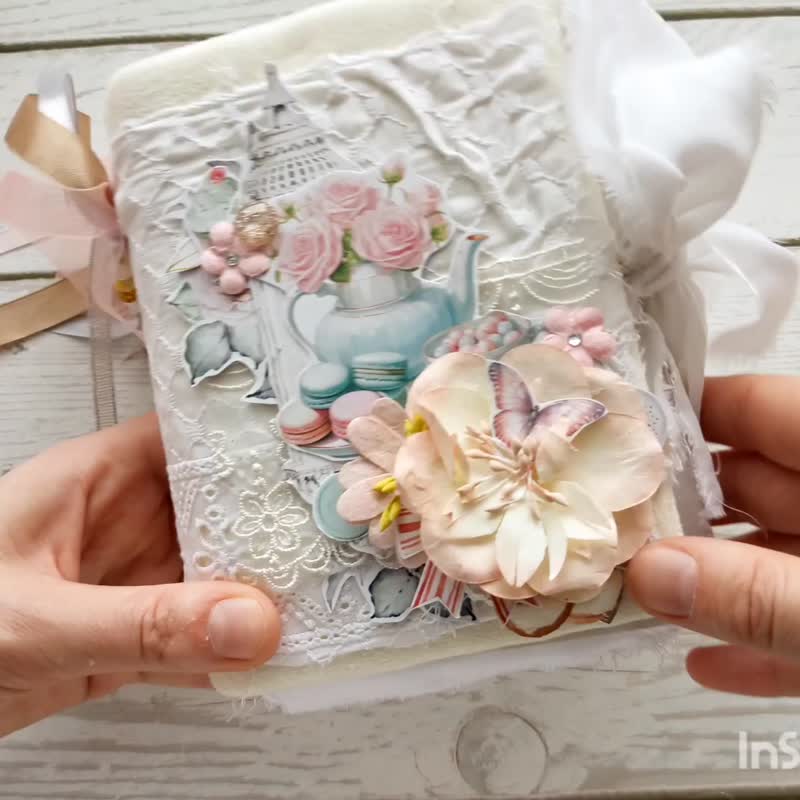 额外蕾丝米色花卉垃圾日记手工白色花园茶壶笔记本 - 笔记本/手帐 - 纸 白色