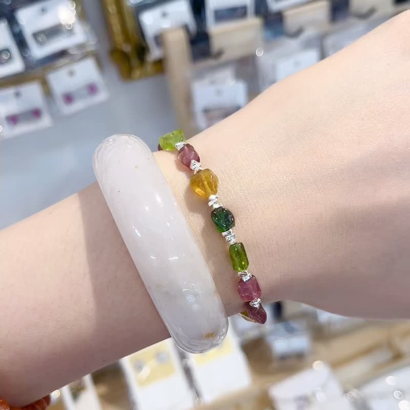 天然彩色碧玺原矿实心三链接碎银马蹄扣随意扣强能量财富人缘 - 手链/手环 - 水晶 多色