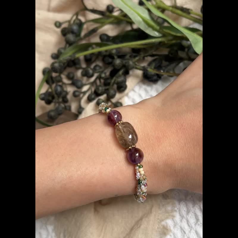 绿发晶 紫幽灵 玻璃米珠x天然石 串珠手链 - 手链/手环 - 水晶 绿色