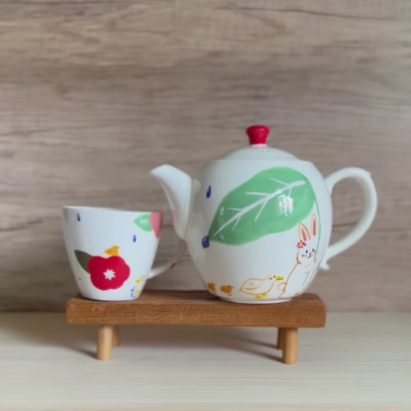 A Lu 兔兔、鸭鸭及刺猬陶壶杯组/礼物 原创手绘 仅此一件 - 茶具/茶杯 - 陶 多色