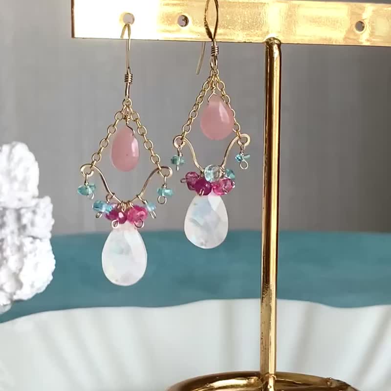 直到10月底 限夏季 14KGF 大颗月光石吊灯耳环 / 耳夹 - 耳环/耳夹 - 宝石 蓝色