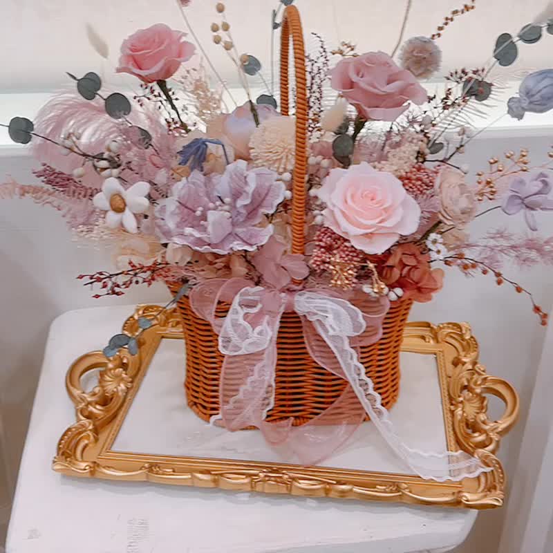 韩式花篮.质感花礼.开幕.摆饰.居家布置.送礼.仪式感永生花.不凋 - 干燥花/捧花 - 植物．花 粉红色