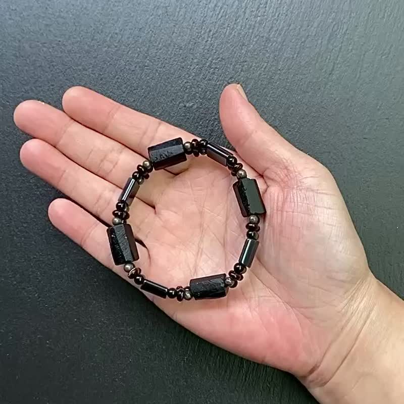 招财避邪-黑碧玺原石x金属光黑胆石x黑曜石x黄铁矿x椰壳手排 手环 - 手链/手环 - 水晶 多色