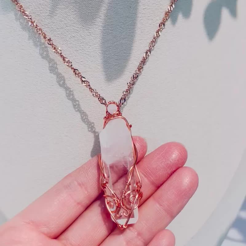 白水晶柱_金属编织_复古项链_森系饰品_天然石_矿石_红铜金属线 - 项链 - 水晶 透明