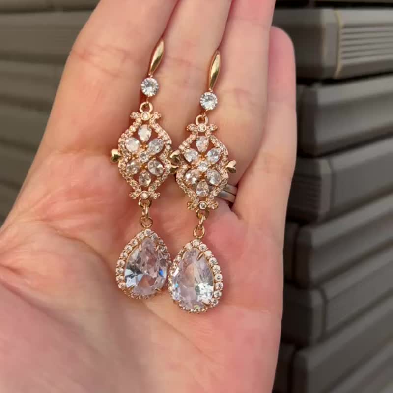 Bridal bride cz zirconia bijou formal party Clip-On - 耳环/耳夹 - 其他金属 金色