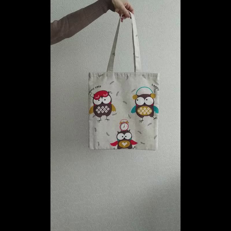 Strong reusable grey tote bag, cotton canvas bag with owls - 手提包/手提袋 - 棉．麻 银色