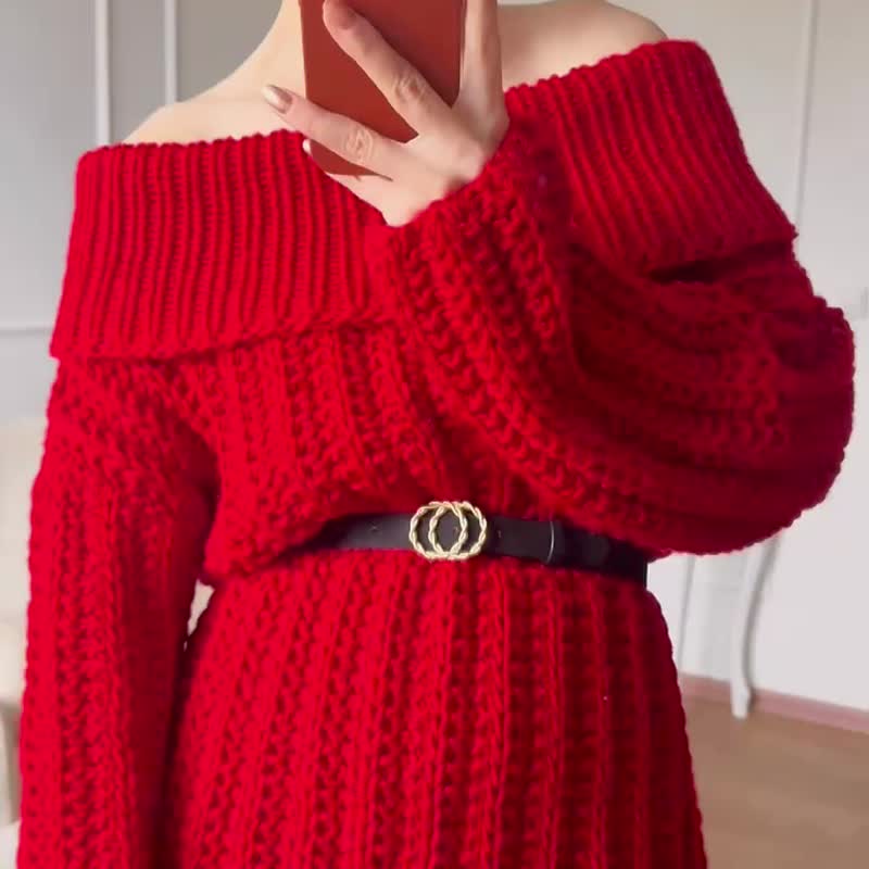 红色毛衣 落肩上衣 手工毛衣 - 女装针织衫/毛衣 - 羊毛 