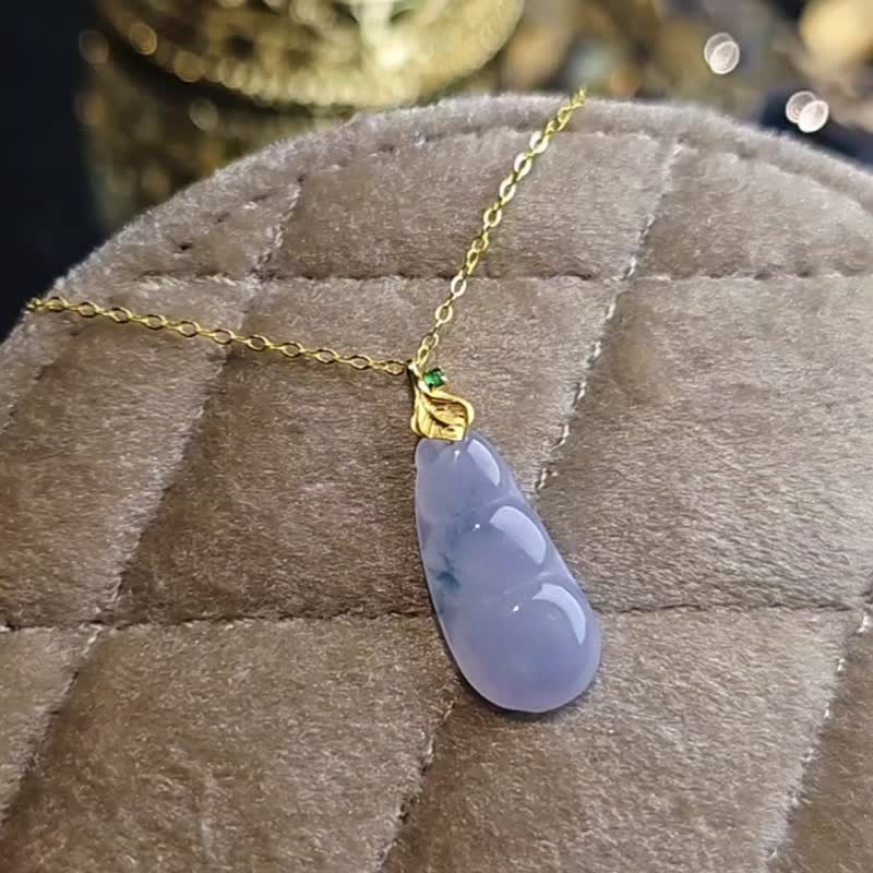 招财•贵人•幸运|纯18k金冰紫飘蓝花豆子吊坠|缅甸A货翡项链 - 项链 - 玉石 