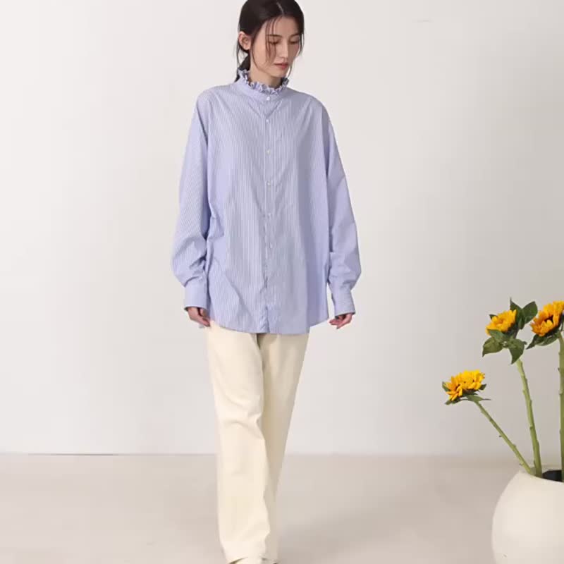蓝色条纹 2色 巨百搭 秋冬木耳边纯色长袖衬衫 简约通勤内搭衫 - 女装衬衫 - 棉 蓝色