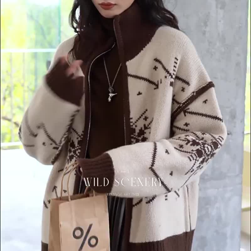 栗棕色 聖誕結 兩面穿 600g加厚100%羊毛針織外套 雪花提花毛衣 - 女装针织衫/毛衣 - 羊毛 咖啡色
