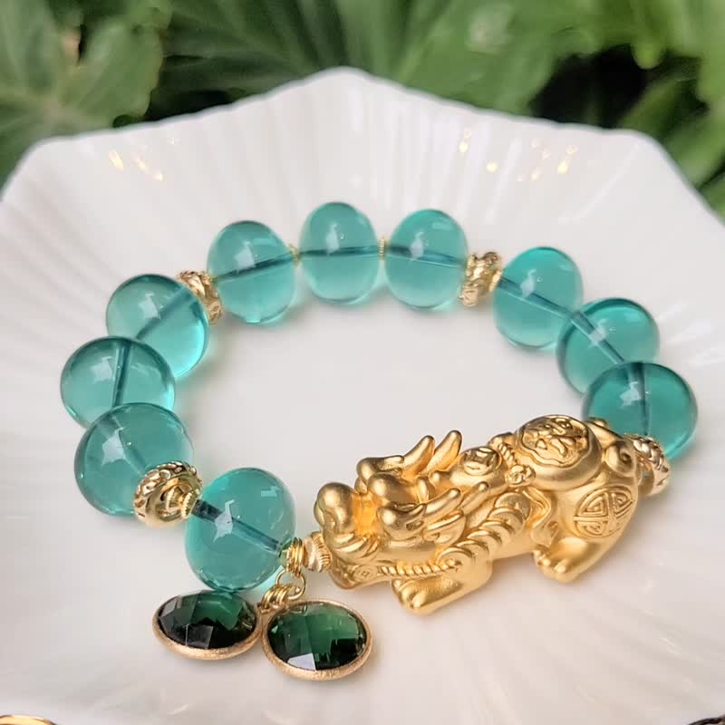 顶级稀有绿曜石 金貔貅 招财 转运 事业 心轮 大宝石手链 礼物 - 手链/手环 - 宝石 绿色