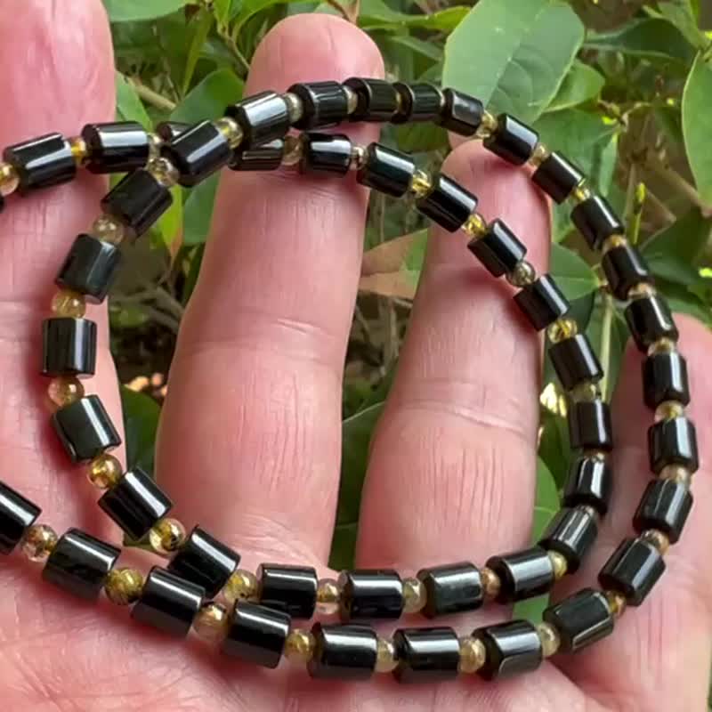 天然和田墨玉 桶珠 发晶 钛晶 颈链 项链 手链 艺术 - 项链 - 玉石 黑色