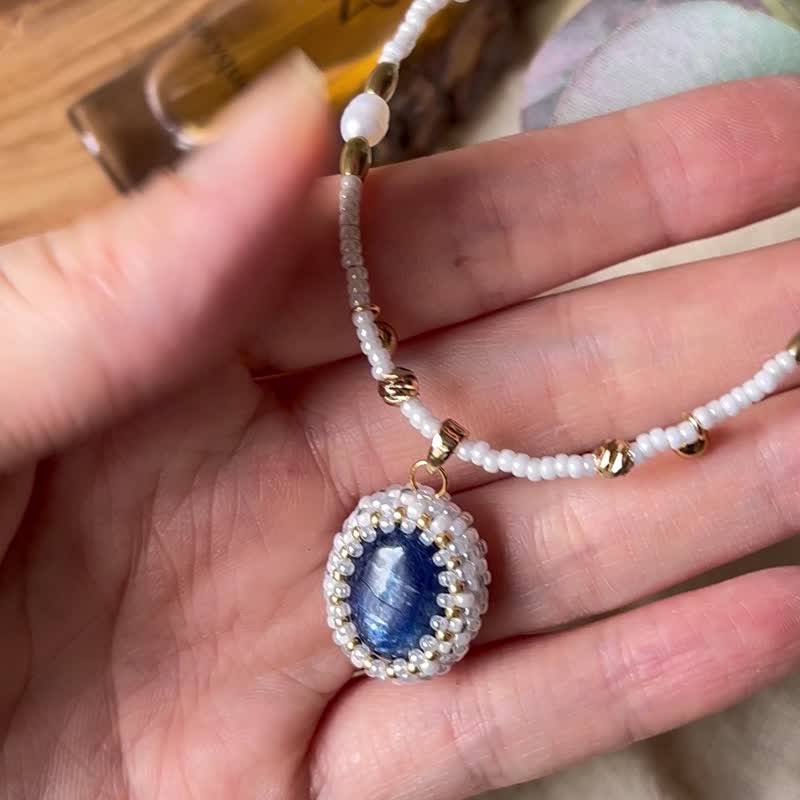 蓝晶石 珍珠 日常百搭 玻璃米珠 锁骨链 - 项链 - 水晶 蓝色