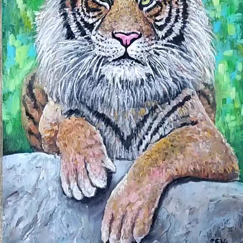 老虎手原创油画非洲艺术大猫老虎艺术动物艺术品 - 墙贴/壁贴 - 木头 绿色