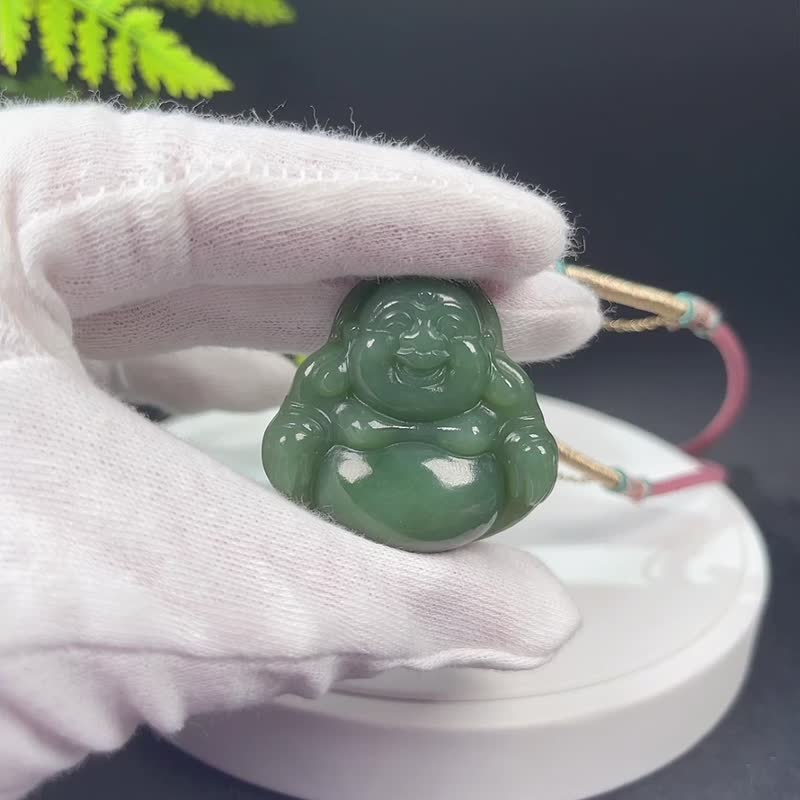 和田玉碧玉大肚笑佛佛公吊坠 老料手雕綠色玉项錬 质地高油细润 - 项链 - 玉石 绿色
