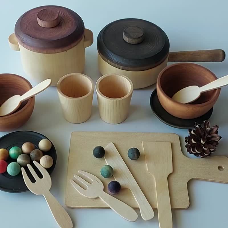 Wooden dishes for Kids Wooden Play Kitchen Dishes Set Toy for Toddlers - 玩具/玩偶 - 木头 咖啡色